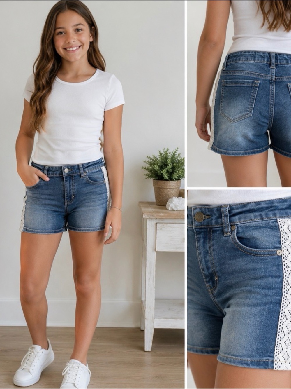 Epic Threads Girls Denim Shorts Size 16 Crochet Side Panels Stretch Jean Shorts